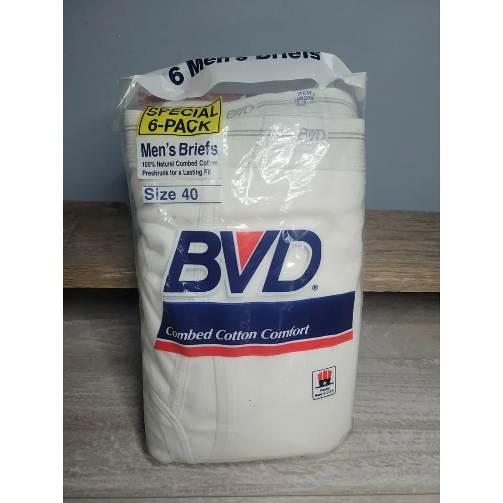 Vintage 1986 BVD 6 Pack Men's Briefs 100% Made In USA Cotton Size 40 NOS